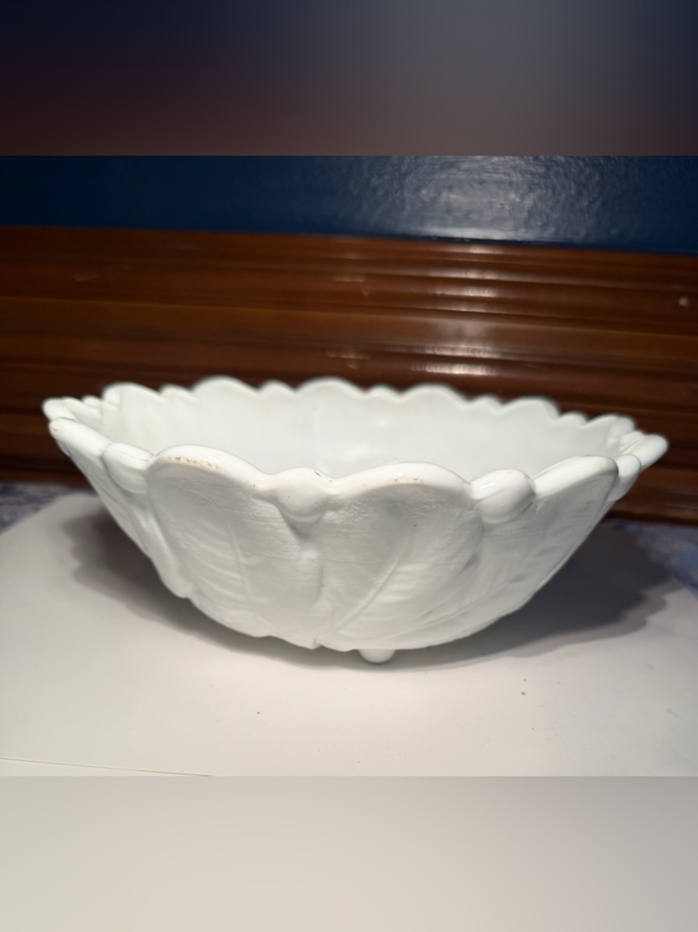 Vintage Indiana Glass milk glass footed bowl in the "Wild Rose" pattern